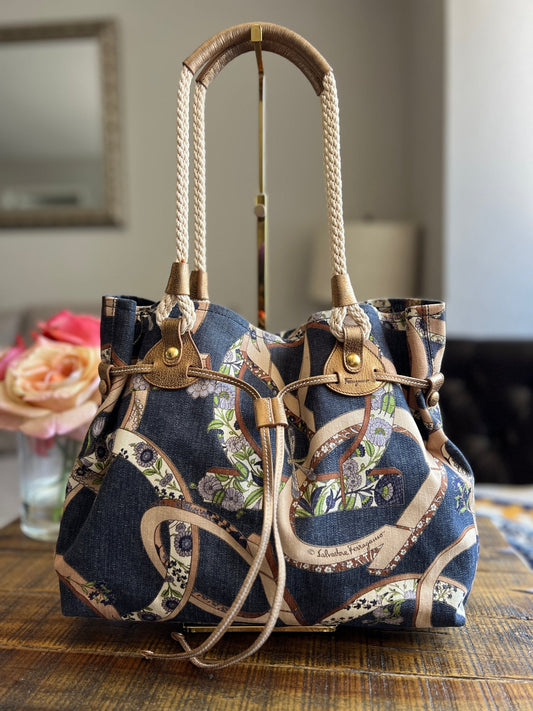 SALVATORE FERRAGAMO Gancini Floral Print Denim Bucket Bag - Next Door Luxury